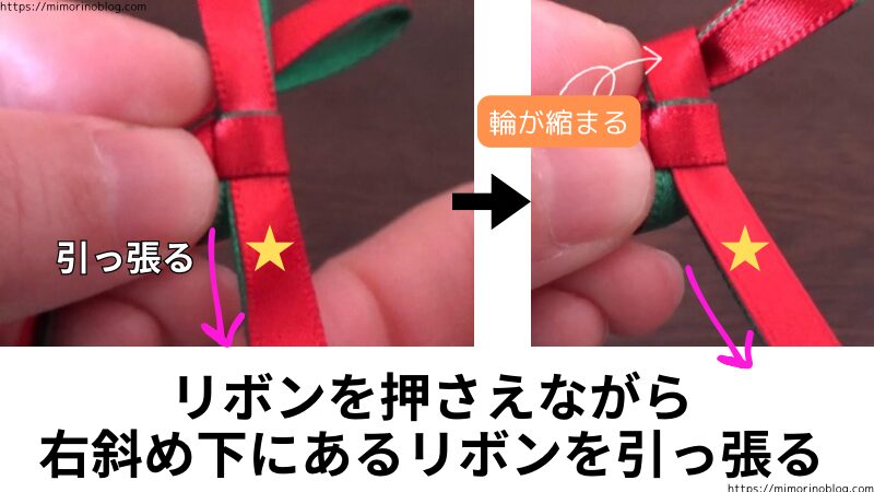 右斜め下にあるリボンを引っ張って輪を縮める