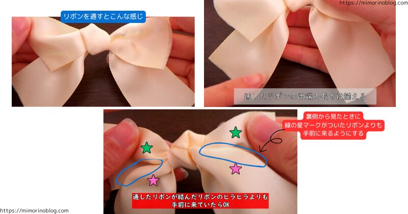 リボンを通すとこんな感じになる。
通したリボンの両端の長さはそろえる。
裏側から見たときに、通したリボンが結んだリボンのヒラヒラよりも手前に来ていたらＯＫ！