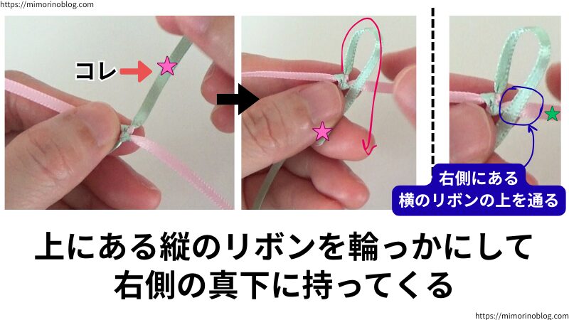 次は２段目を編んでいきます。
まず、上にある縦のリボンを輪っかにして右側の真下に持ってきます。
このとき、右側にある横のリボンの上を通りながら真下に持ってきてください。