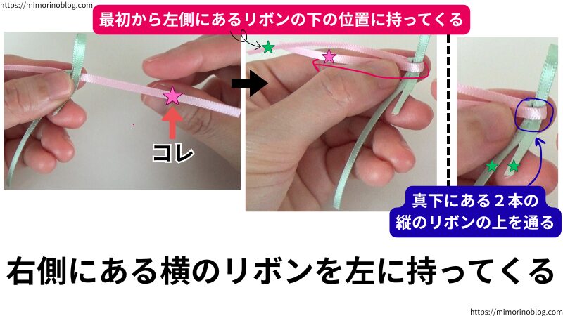 次に、右側の横にあるリボンを最初から左側にある横のリボンの下の位置に来るように持ってきます。
このとき、真下にある２本の縦のリボンの上を通りながら持ってきてください。