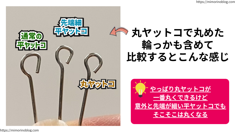 やっぱり輪を一番丸く作れるのは丸ヤットコでした。
ですが、丸ヤットコを持っていなかったとしても、意外と先端が細めの平ヤットコがあると、いくらかは丸い輪が作れます。