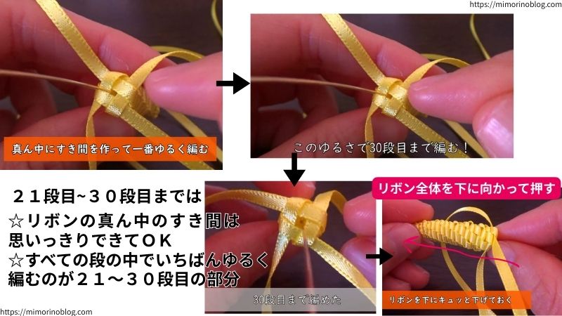 ２１段目～３０段目までは、
リボンの真ん中のすき間は思いっきりできてＯＫ
すべての段の中で一番ゆるく編むのが２１～３０段目の部分
この２点を踏まえて編んでいきます。