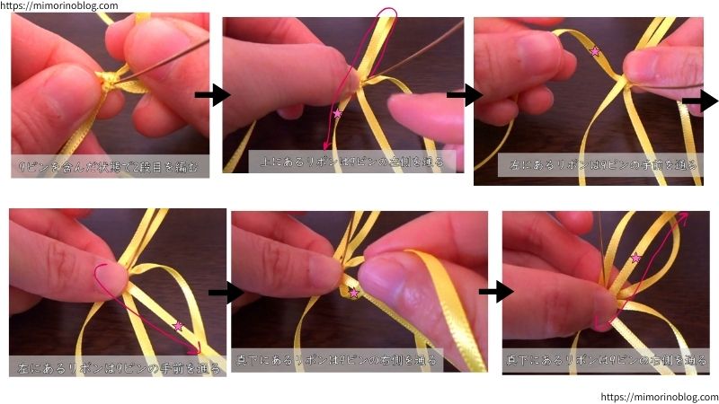９ピンを含んだ状態で２段目を編んでいきます。
上にある縦のリボンを輪にして９ピンの左側を通りながら左斜め下に持っていきます。
次に、左にある横のリボンを９ピンの手前を通りながら右斜め下に持ってきます。
次に、真下にある縦のリボンを９ピンの右側を通りながら右斜め上に持っていきます。