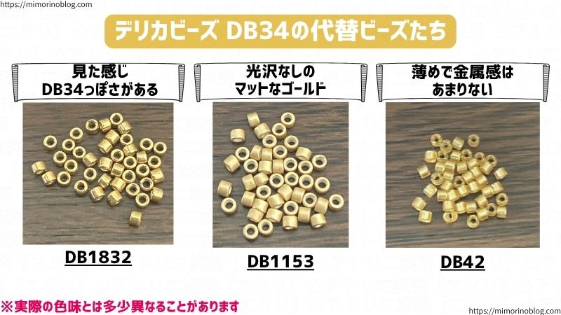 DB1832は見た感じDB34っぽさがある。
DB1153は光沢なしのマットなゴールド。
DB42は薄めで金属感はあまりない。
※実際の色味とは多少異なることがあります