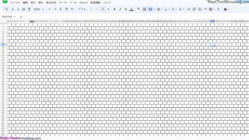 全セルに枠線が引かれてマス目がはっきり見えるようになります。
これでシェイプドステッチ用の図案テンプレートが完成しました！