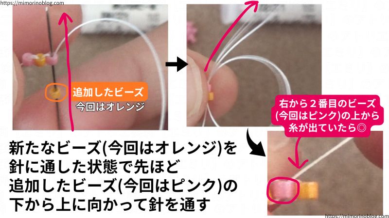 次に、また新しく１個のビーズ(今回はオレンジ)を針に通した状態で、④と⑤の工程で追加したビーズ(今回はピンク)の下から上に向かって針を通します。
新たに追加したビーズ(今回はオレンジ)がすでに横並びになっていたビーズ(④と⑤の工程で追加したビーズ。今回はピンク)の右隣の位置に来ていたらＯＫです。
このとき、右から２番目のビーズ(今回はピンク)の上から糸が出ていたら◎