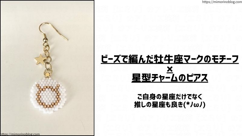 ビーズで編んだ牡牛座マークのモチーフ×星型チャームのピアス
ご自身の星座だけでなく推しの星座も良き(*ﾉωﾉ)