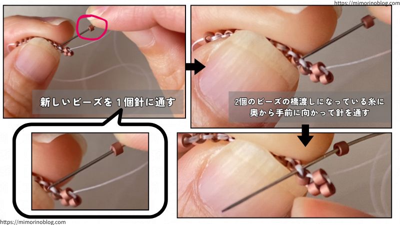 まず、１個のビーズを針に通します。
そうしたら、ビーズ同士をつないでいる糸の奥から手前に向かって針を通します。
このとき、針を通す糸に連なる２個のビーズが動かないように指で押さえておくと、糸に針を通しやすくなります。